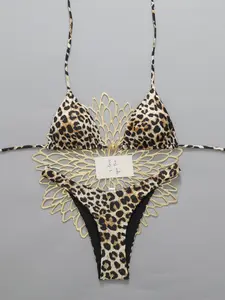 Women's Sexy Leopard Print Bikini Set, Strapless Triangle Top and High Waist Bottoms, Beachwear, Casual Style, All Seasons, Bandeau Swim Top, Bikini Swimsuit Set