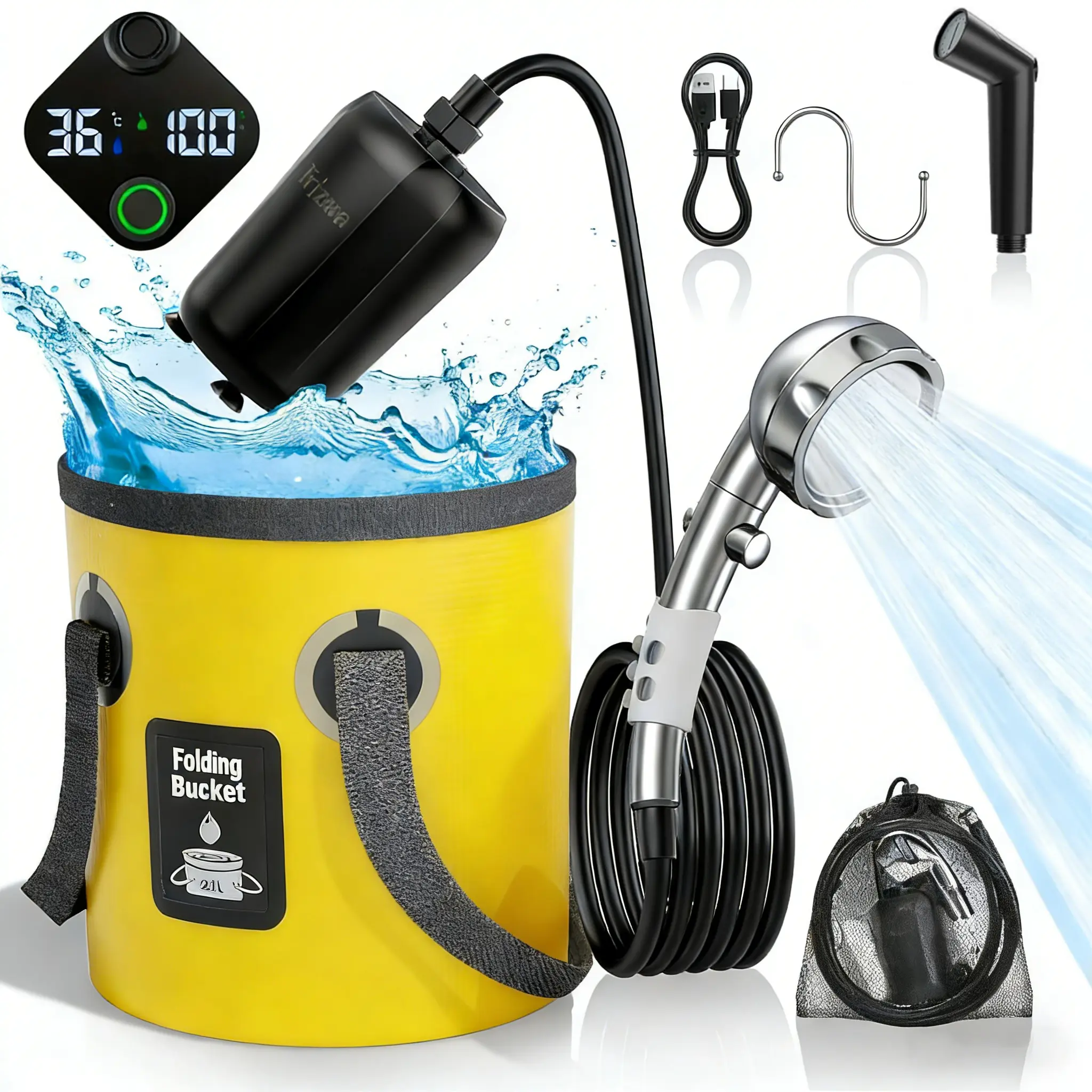 Portable Shower, 6000mAh Rechargeable Power, Intelligent LED Display, Adjustable Shower Head, Folding Bucket for Camping, Pet Cleaning,summerwins summerwins,father'sdaygifts,campingessentials,campinggear