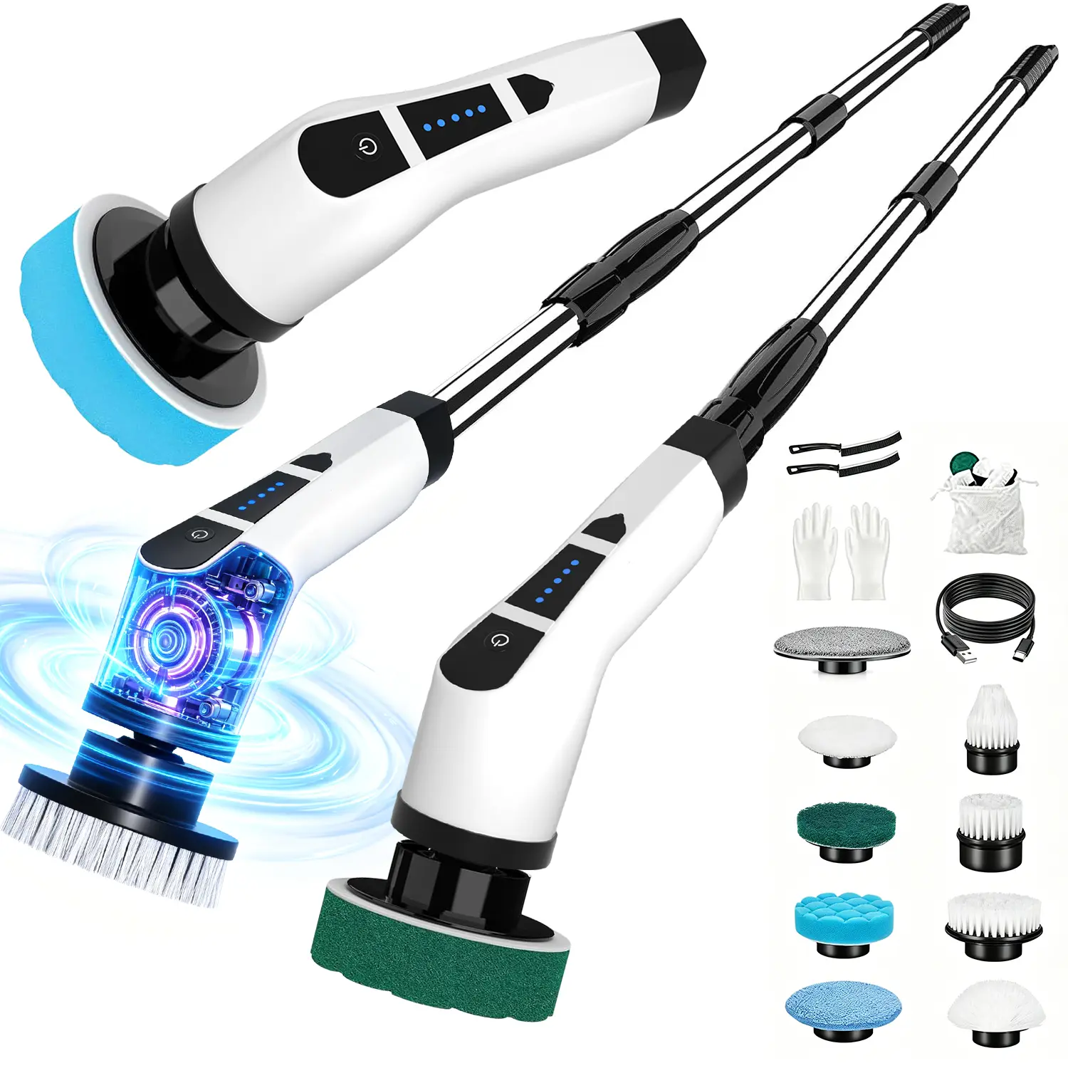 2026 Electric Rotary Scrubber, Rechargeable Cleaning Brush, Shower Scrubber with 9 Brush Heads, 2H Power 2-Speed, Adjustable Extended Handle, IPX7 Waterproof for Tubs Tile Floors Cars, White Easter Gift