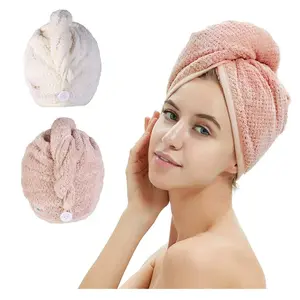 2 Pack Microfiber Hair Towel Wrap with Button, Quick Dry Absorbent Hair Drying Turban, Anti-Frizz Soft Head Towel for Women, Pink & Beige