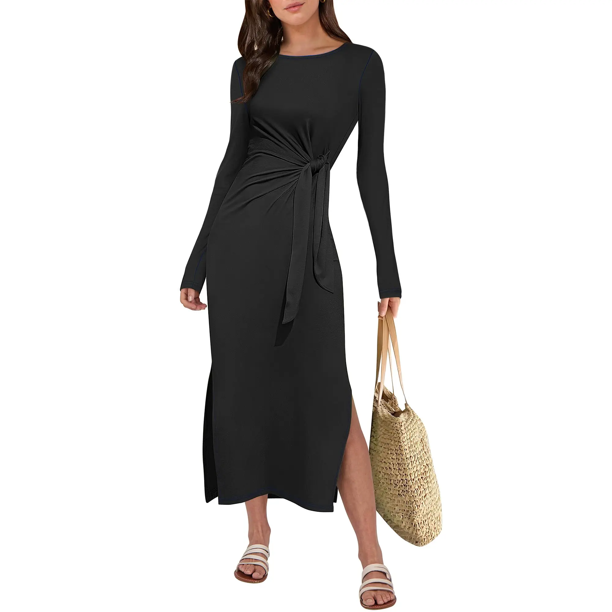 ANRABESS Long Sleeve Maxi Dress for Women Trendy Crew Neck Tie Waist Slim Slit Casual Work Long Dresses 2026 Fall Outfits