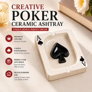 Creative Poker Ceramic Cigarette Ashtray Tabletop Portable Modern Ashtrays Cigar Ashtray for Outdoor Indoor Desktop Smoking AshTray for Home office Fashion Decoration Handmade Gift for Men Women-Black#SummerVibes
