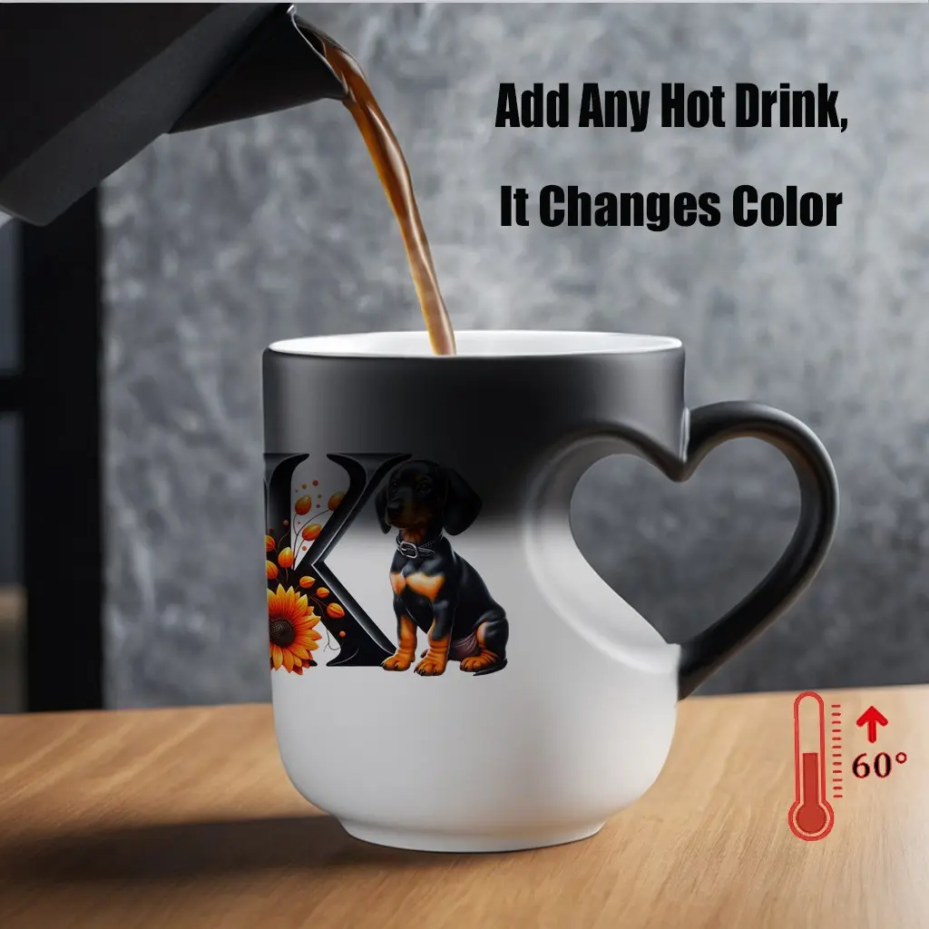 Golden Sunflower Letter K Ceramic Mug, Funny Mug, Ceramic Printed Drinkware, Thermosensitive Color Changing Design, Heart Handle 11oz Mug, Unique Christmas Gift for Friends Lovers Mothers, Thermosensitive Ceramic Cup