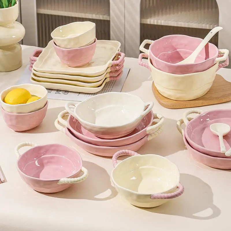 Ins style color blocked ceramic tableware -6-piece set, Dinnerware service set, Plates Bowls Sets, Modern Tableware Sets, Tableware Kit, including rice bowl, plate, soup bowl, spoon