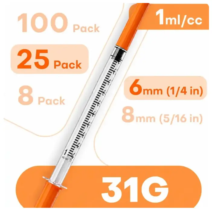 100-Pack 1mL U-100 31G 6mm Syringes with Needle, Precision Liquid Dispensing Tools | Individually Packed With Clear Scale Markings, Lab & Camping Essentials
