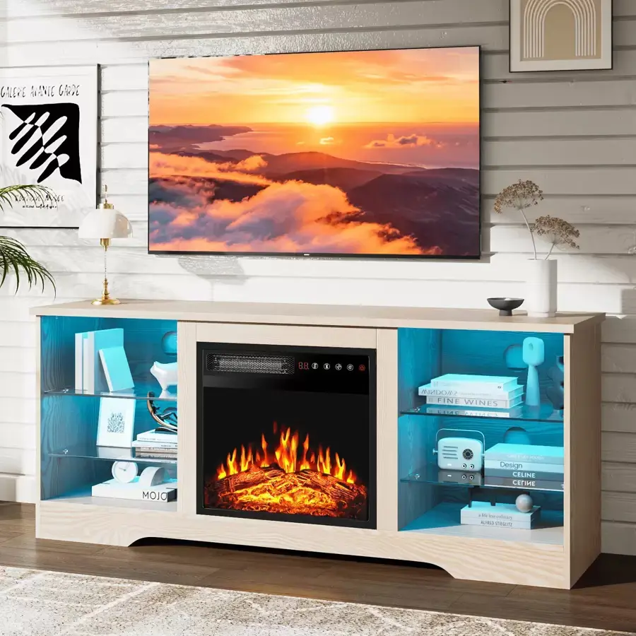 [2 Packages Shipping] 58" Modern Wood LED TV Stand - 18" Electric Fireplace Heater with Remote Control, TV Console Table with Glass Shelves & Storage, Living Room Gift for Thanksgiving/Christmas
