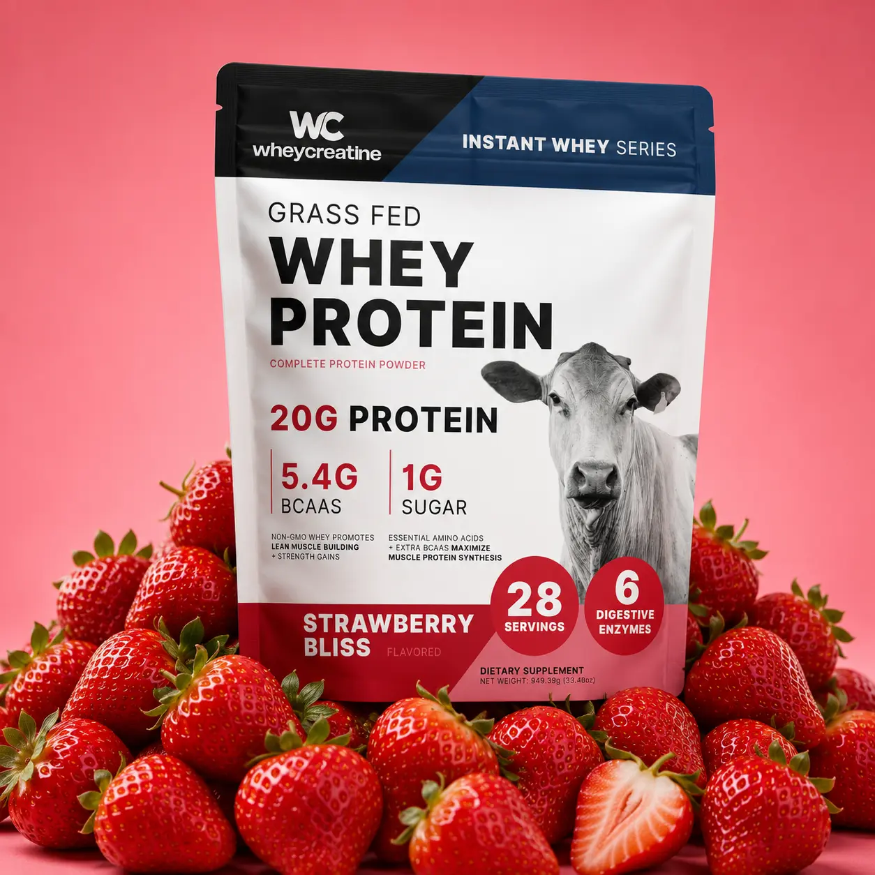 Grass Fed Whey Protein Powder - 20g Protein, 5.4 g BCAA's, 1g Sugar, Electrolyte & Digestive Support, Non GMO