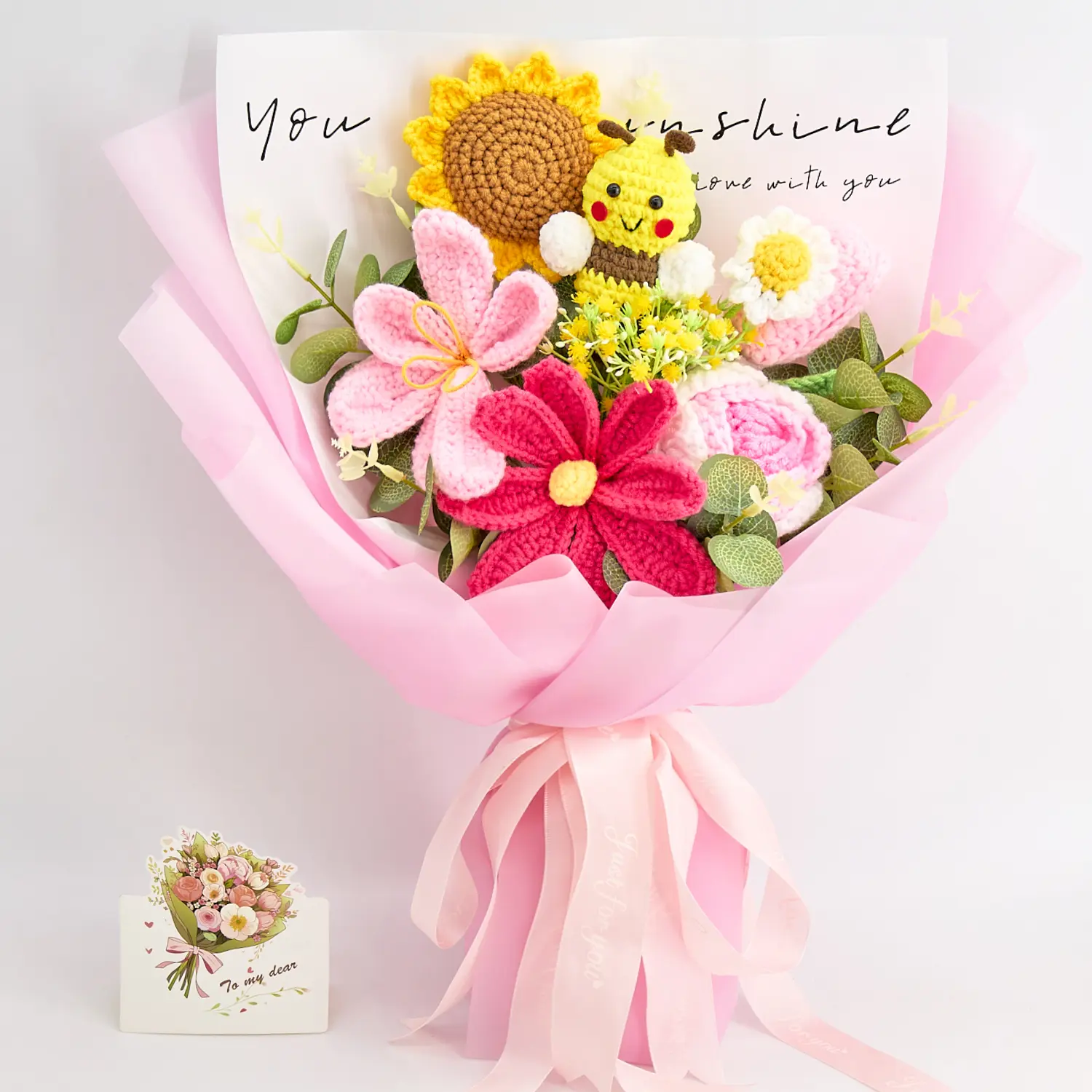Handmade Crochet Flowers Bouquet Gift for Girlfriend Graduation Birthday Wedding Anniversary Just Because Gift with Crochet Bees Sunflowers Roses Tulips Daisy Forever Flowers for Her with Greeting Card US Fast Shipping Creative Home Decor