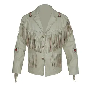 Men's Beige Leather Fringe Cowboy Jacket