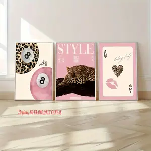 3-Piece Set, Fashionable Leopard Print Pattern with Cheetah Canvas Artwork, Pink Girls' Lucky 8 Ball Wall Art Poster, Modern Living Room Home Decor Wall Decoration Gift, Frameless Canvas Print, 2D Flat Artwork, Modern Art Design, Home Decor Products