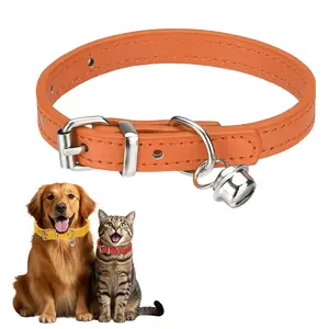 PETAXCELL Dog Collar with Bell, Pu Leather Cat Collars Pet Basic Soft Padded Adjustable Buckle, 10" (Orange, 1pcs), Intended for Teacup / Little Dog / Kitten Cats / Small Animals