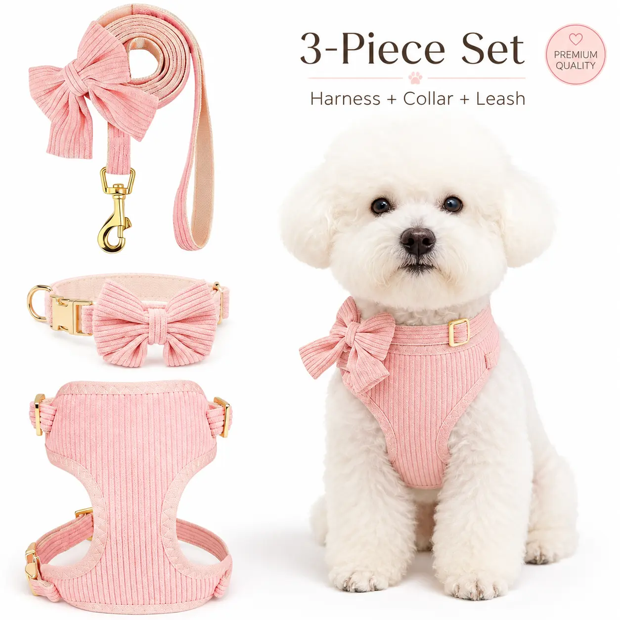 3-in-1 Puppy Accessories Dog Harness, Collar and Leash Set with Bow, Soft Breathable Mesh Adjustable Walking Set for Chihuahua, Yorkie