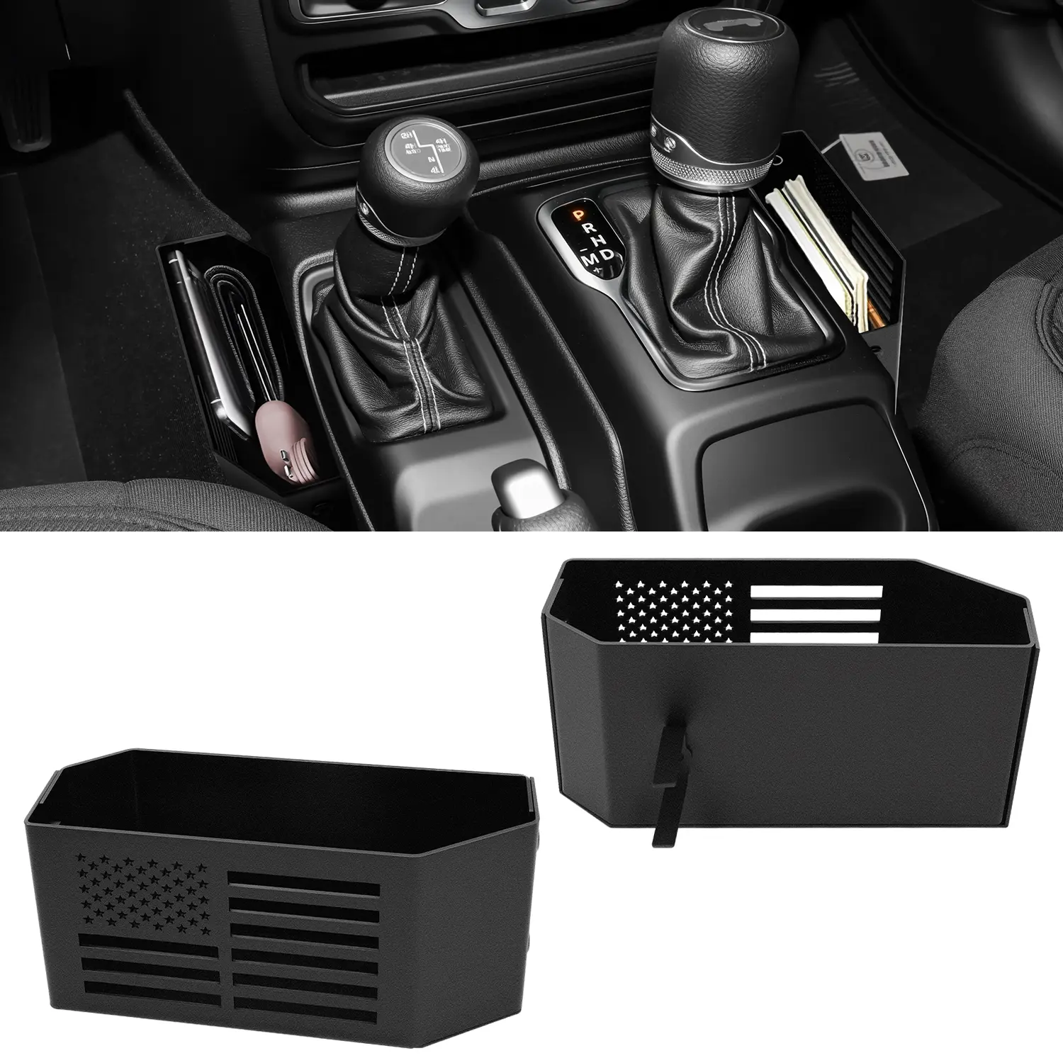 Upgrade Metal Gear Shift Center Console Organizer for Jeep Wrangler Accessories & Gladiator JL JLU 2026-2018 Rubicon Sahara 4xe Storage Box Tray with Flag Logo Not for JK/JKU jeep gladiator accessory, Car Console Organizer, Flag Logo Detail