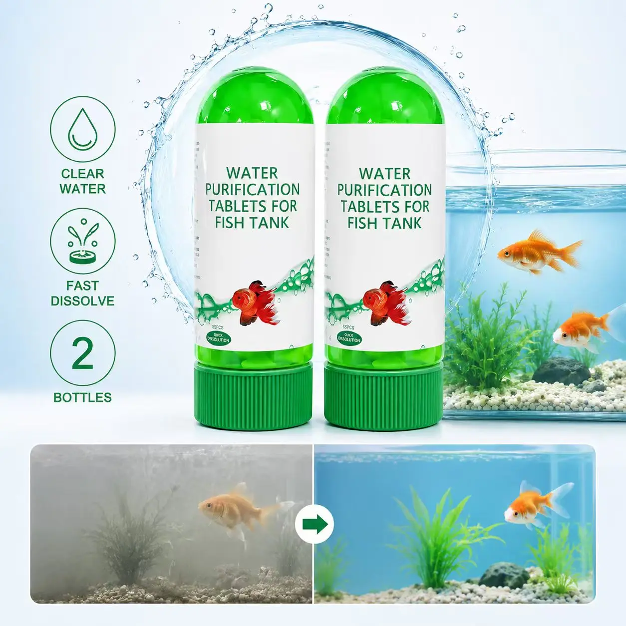 Fish Tank Water Purification Tablets, Aquarium Cleaning Deodorization Algae Removal, Clear Pond Sludge, Essential Fish Pool Care, Algae Killer, Cleaner（2PCS）