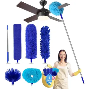 Ceiling Fan Cleaner Dusters for Cleaning 6-in-1 Kit, Cobweb Duster with Extension Pole, 100 Inches High Ceiling Fan  Cleaners with 5 Reuseable Dusting Heads for Windows and Blinds- Blue