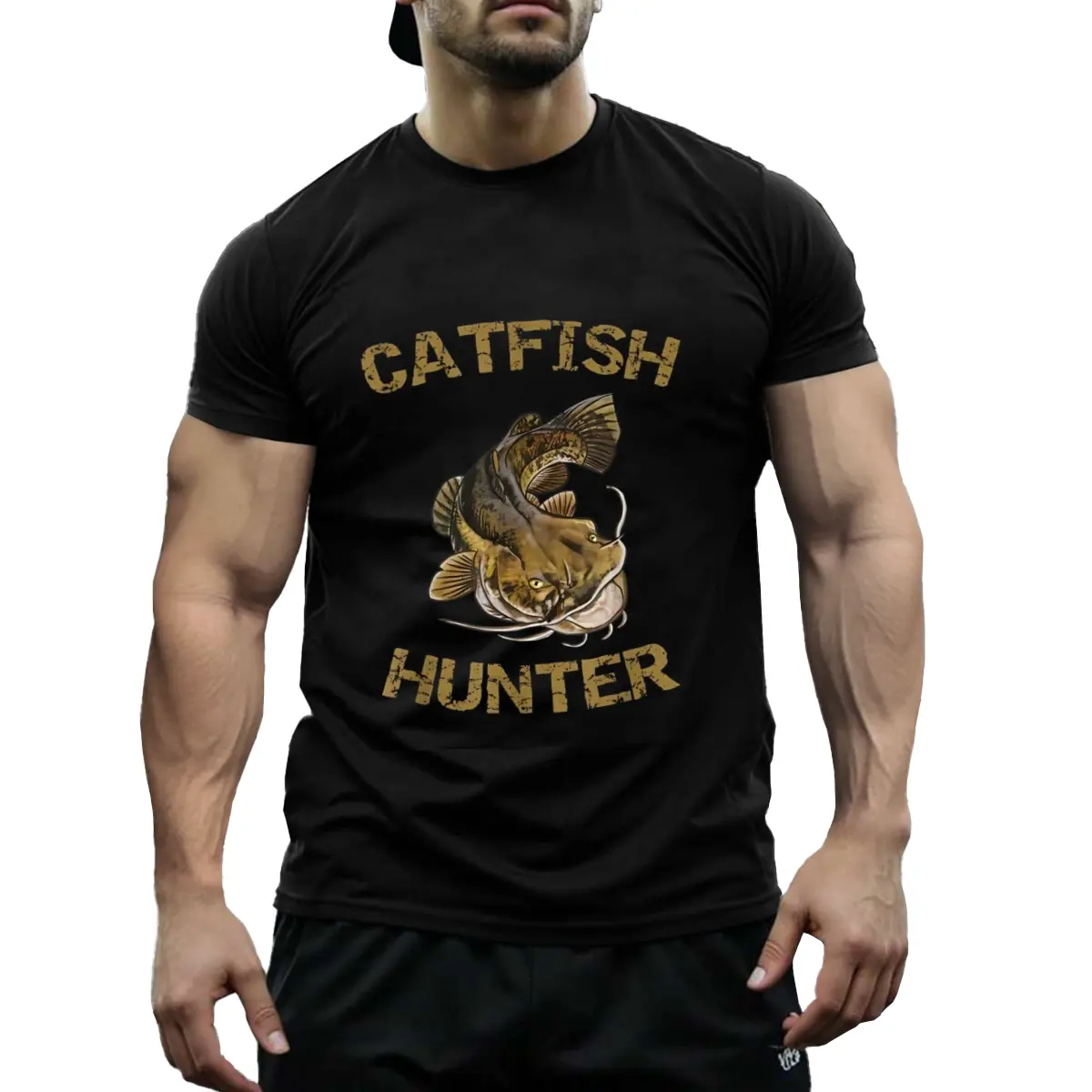 Catfish Hunter Men's T-Shirt - 100 Cotton, Crew Neck, Short Sleeve, Casual Fit with Unique Catfish Graphic Design - Perfect for Fishermen, Machine Washable - Black