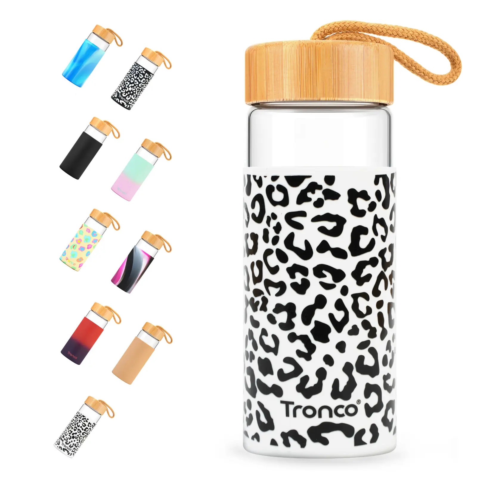 Tronco Wide Mouth Stylish Borosilicate Glass Drink Bottles (20/24 oz) - Bamboo Lid, Non-Slip Silicone Sleeve, Leak-Proof, BPA-Free for Lemon Beverage, Coffee, Iced Tea - Ideal for Office, Leakproof
