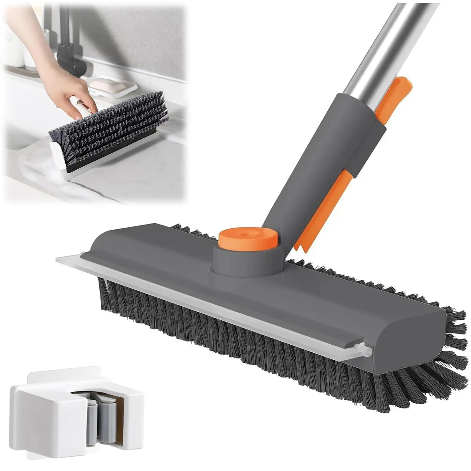 Floor Scrub Brush with Long Handle, 3 in 1 Scrape and Heavy-Duty Stiff Bristle Scrubber Brush for Cleaning Shower Bathroom, Patio, Pool, Garage, Kitchen, Wall and Deck (Gray, 2 Pack)