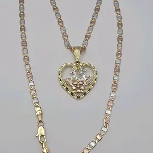 15TH YEAR'S heart with flower necklace gold-plated three colors 20"inches fashion style