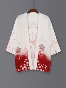 Chinese Style Crane Kimono Cardigan, Harajuku Improved Hanfu with Three-Quarter Sleeves, Lightweight Summer Outerwear for Festivals and Performances
