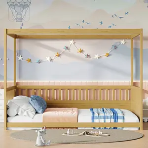 Full Size Wood Canopy Bed with Guardrails, Montessori Floor Bed for, Four Poster Design, Naturalbed frame