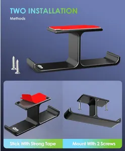 All Aluminum Headphone Stand Under Desk, Dual Headset Holder Hanger with Industrial-Strength Adhesive & Screw Mount, Gaming Desk Accessories, Under Table Earphone Hook for PC Headsets, Bags, Black
