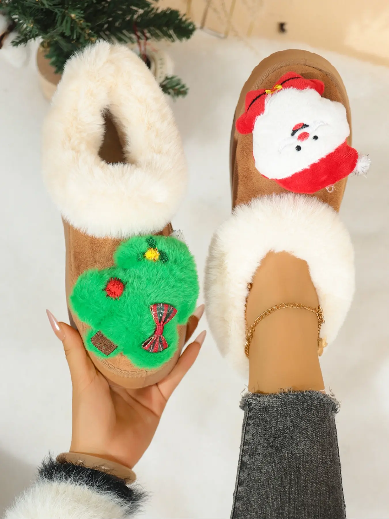Women's New Christmas Snow Boots, Cartoon DIY Santa Tree Fashion Cotton Shoes, Soft Plush Lining, Comfortable Winter Footwear