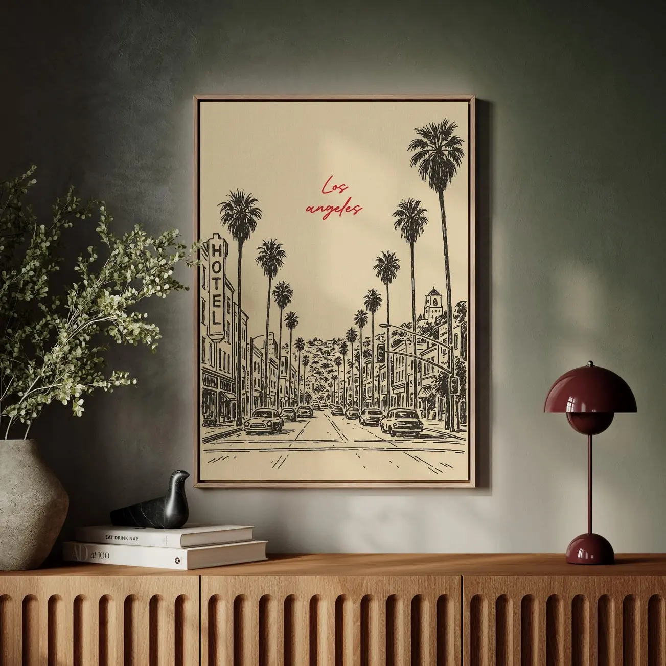 Los Angeles Street Scene Art | Vintage Line Drawing Palm Tree Print | California Cityscape Canvas Wall Decor  | Framless Poster N