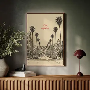 Los Angeles Street Scene Art | Vintage Line Drawing Palm Tree Print | California Cityscape Canvas Wall Decor  | Framless Poster N