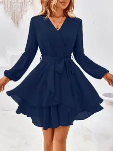 Women's Plain Tiered Layer Belted Wrap A Line Dress, Elegant Bishop Long Sleeve V Neck Short Formal Dress for Party Holiday Wedding Guest, Ladies Summer Clothes