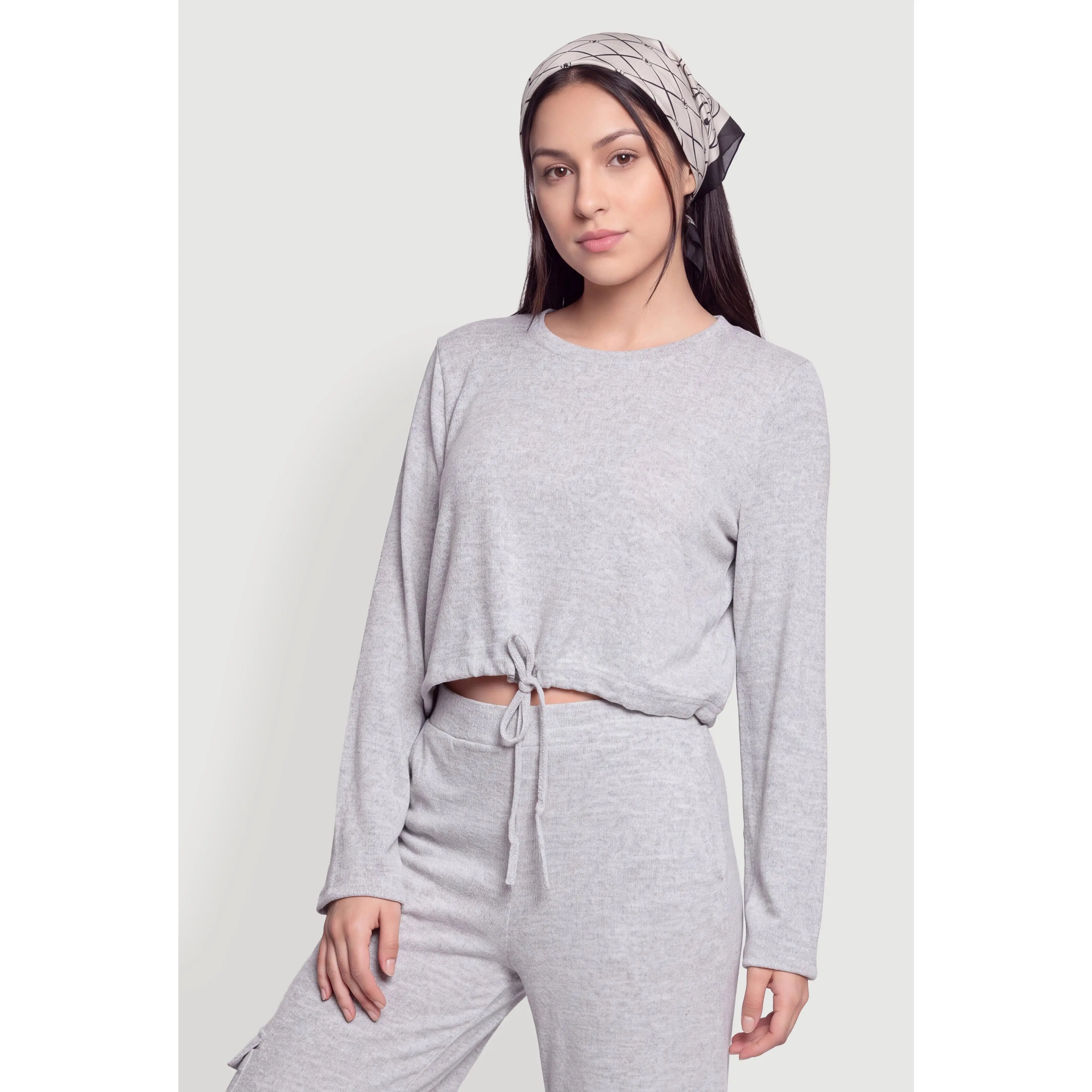Brushed Knit Drawstring Waist Long Sleeve Top