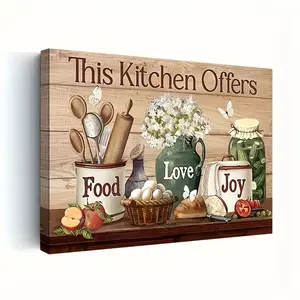 Country Farmhouse Kitchen Wall Art, Wood Frame Canvas Print, Food Love Joy Slogan, Rustic Cooking Utensils & Floral Still Life Decor, Artwork
