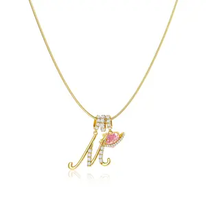 Greenish Spring Jewelry 3-Layering Initial A-Z Letter Pendant Necklaces for Women Snake Chain Choker Pink Heart Zircon Adjustable Length Necklace Jewelry For Blackfriday Christmas