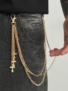 Men's Cross Charm Layered Chain Belt, Punk Style Jeans Chain, Western Buckle Belt, Western Concho Belts, Design Belt, Fashion Belt for Party, Daily Clothing Decor, Trendy All-match & Exquisite Belt for Birthday Gift