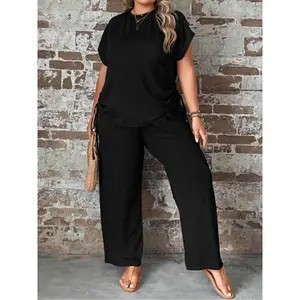 Plus Size Women’s Solid Two-Piece Set – Casual Drawstring T‑Shirt and Wide‑Leg Pants, Women’s Plus Size Summer Outfits, Summer Outfits 2024
