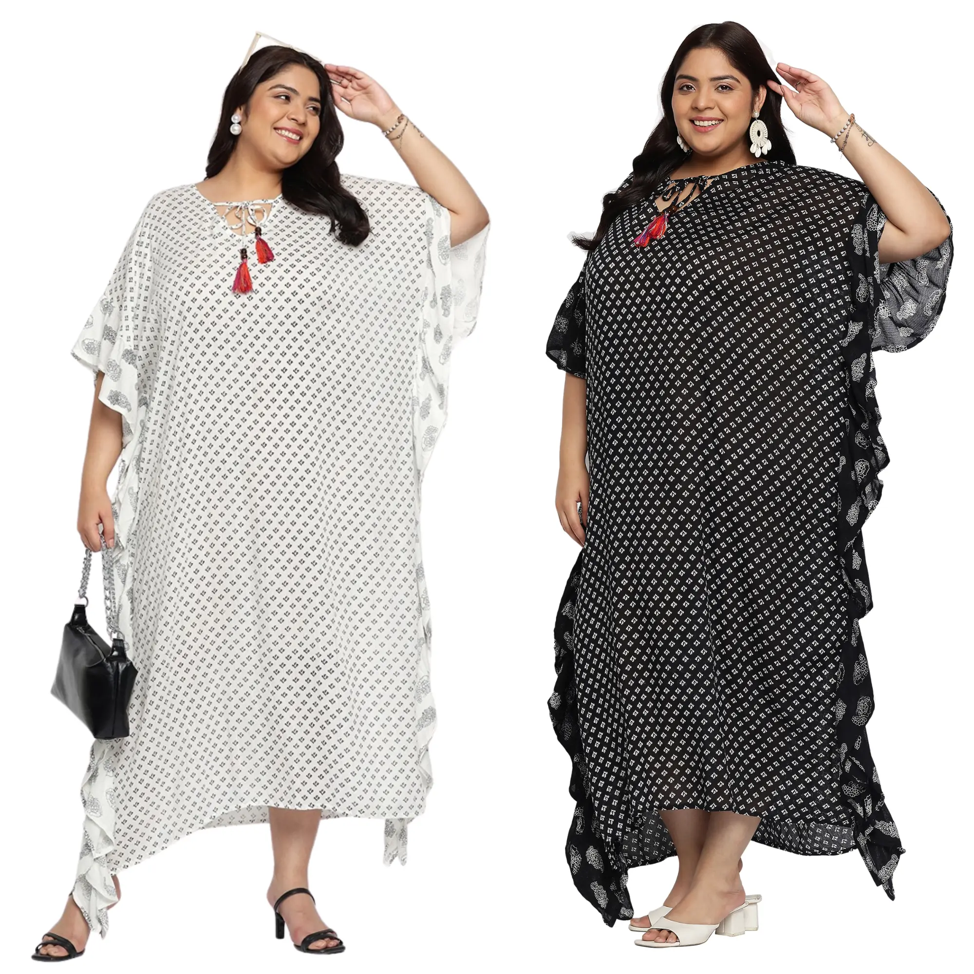 Gypsie Blu Plus Size Black & White Printed Rayon Beach Kaftan Dress with Ruffled Border and Tassel Tie-Up