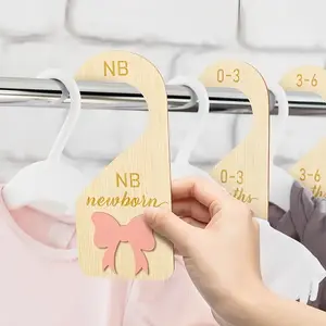 7pcs Wooden Closet Dividers, Pink Bow Closet Organizer, Newborn Milestone Hanger with Bow Tie Design, Clothes Size Hanger Dividers, Closet Organizer, Decorative Hanger, Nursery Birthday Gift for Boy Girl (0-24 Months)