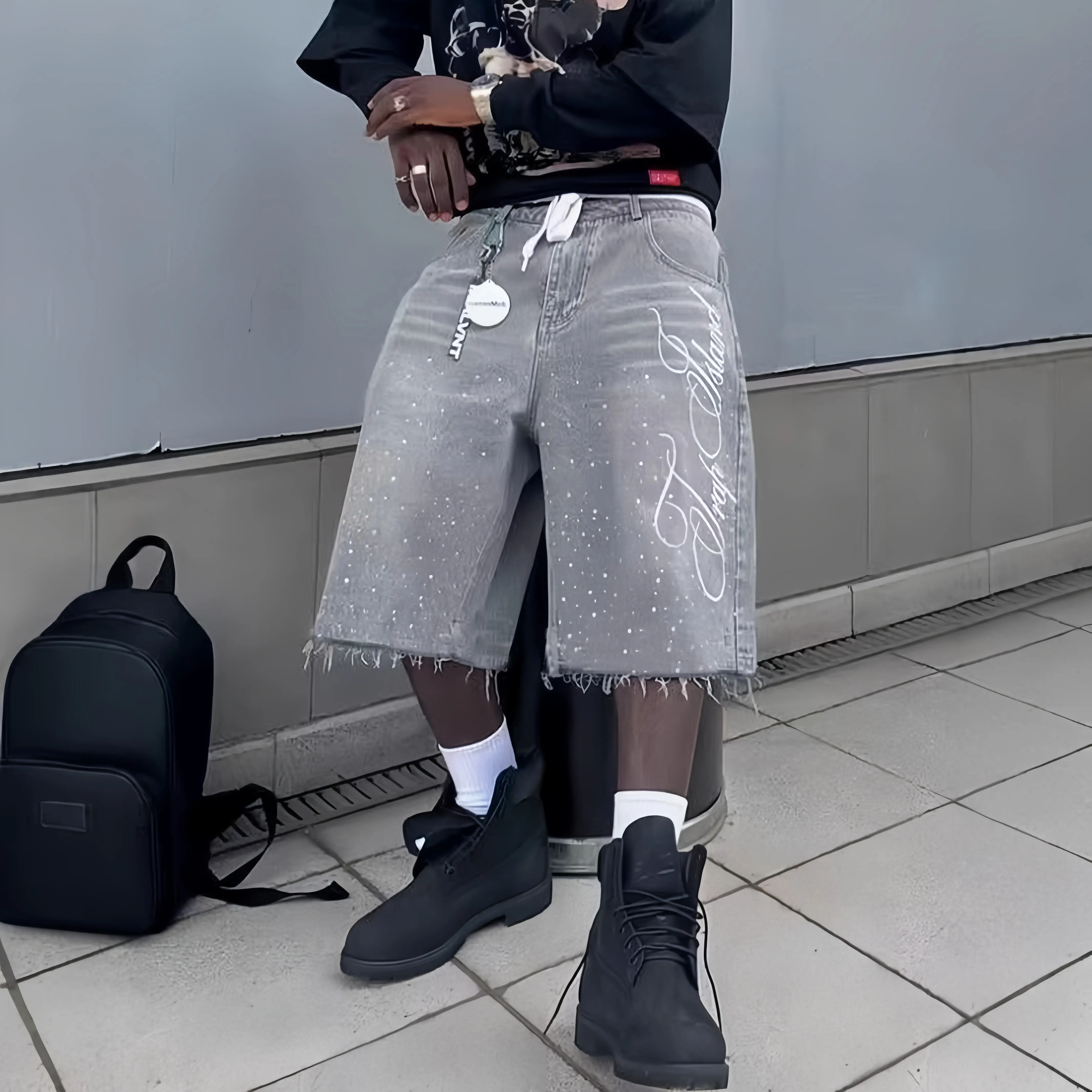 Men's Classic Vintage Wash Distressed Denim Shorts - Paint-Splatter Lettered, Dual Waistband with Drawstring & Button Closure, Relaxed Fit, Glitter Accents, Stylish Street Vibe Menswear Essential for Trendy Outings