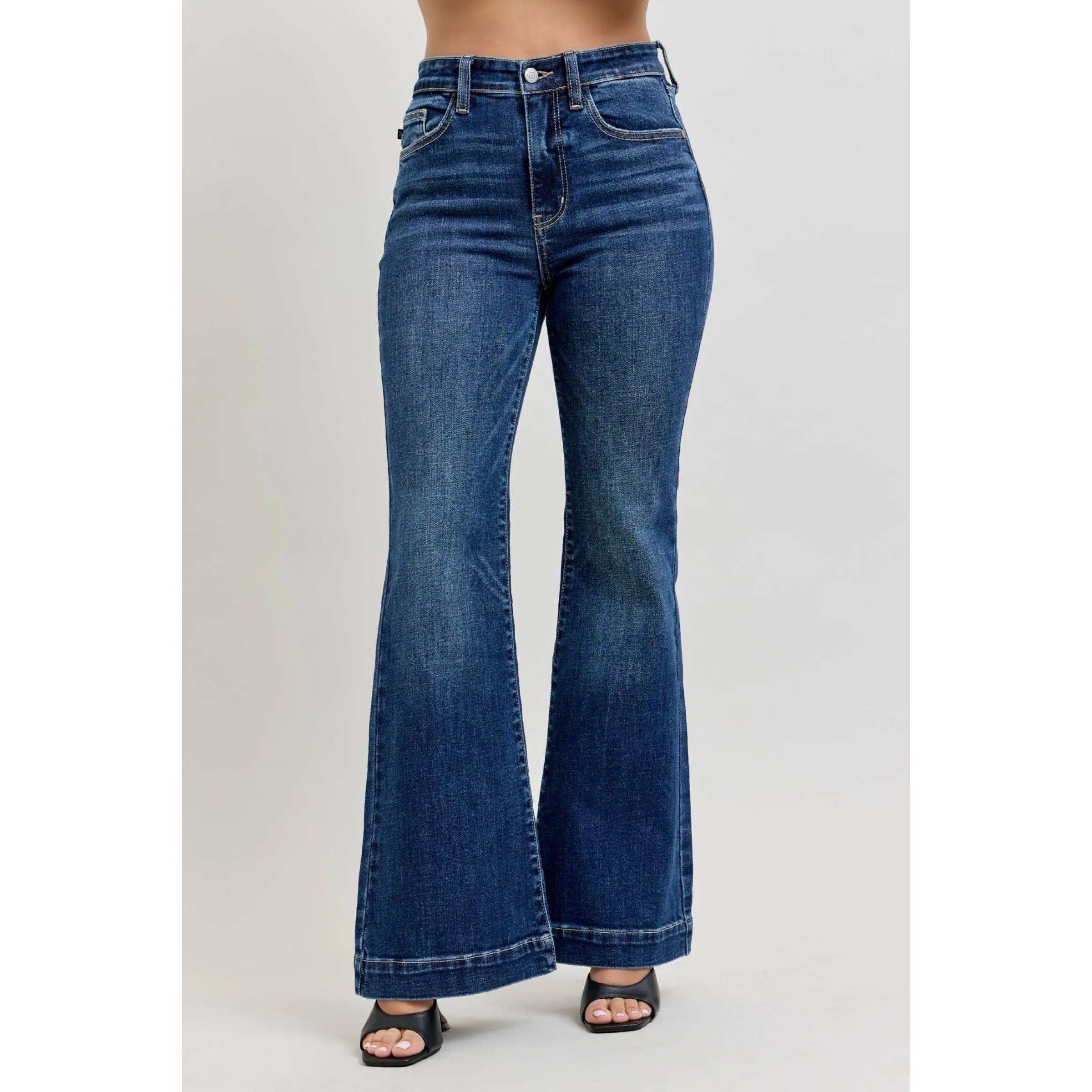 Petite Judy Blue High Waist Trouser Flare Jeans 82637, Dark Washed Plain 4-Way Stretch, Comfortable Fit Womenswear Bell Bottom, Short Girl, 30" Inseam