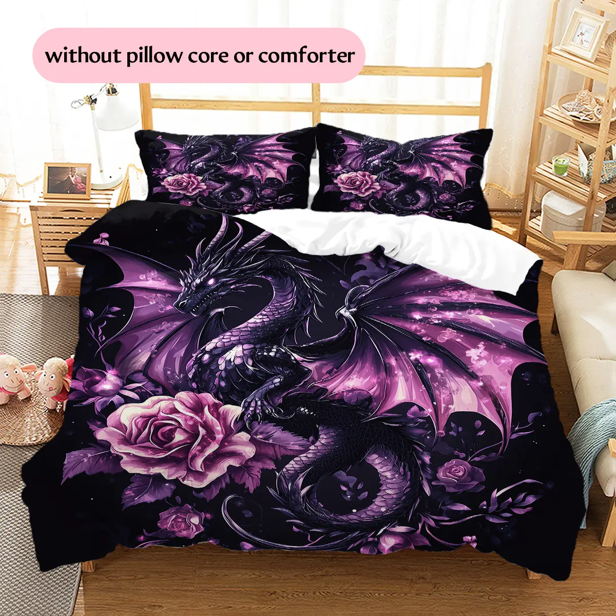 Glowing Purple Dragon  Printed bedding set, duvet cover and pillowcases, home decor, Christmas decoration, bedroom duvet cover, Christmas gift, birthday gift (1 * duvet cover + 2 * pillowcase