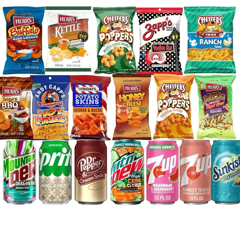 Chips and Soda Variety Pack- 5 Assorted Chip and 5 Assorted Drinks- Herrs, Cheetos, Mountain Dew, 7up, and more