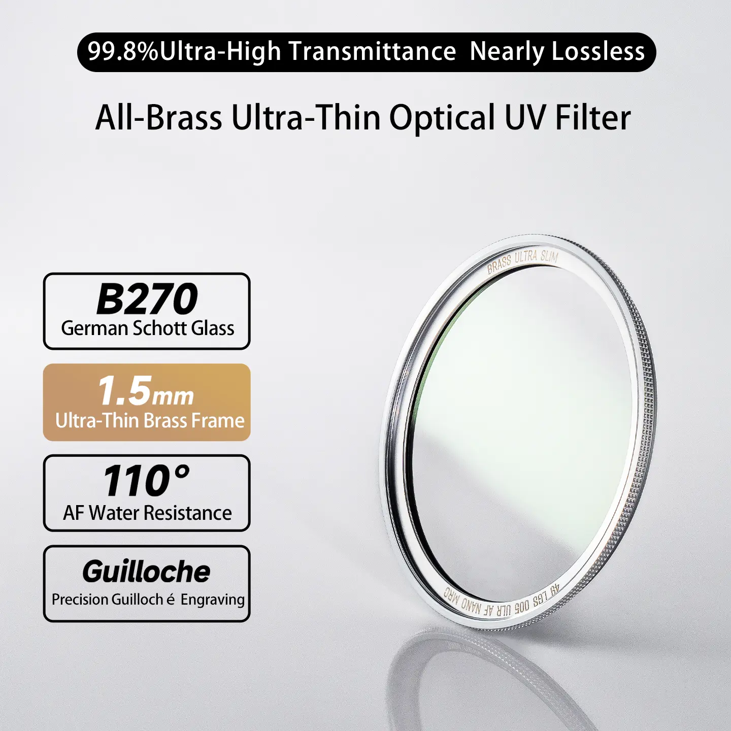 Ultra-Low Reflection Ultra-Thin Brass UV Filter 99.8% Transmittance, German Schott B270 Glass, 1.5mm Ultra-Thin Brass Frame, Af Waterproof Coating Camera Smartphone