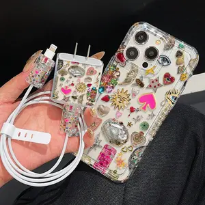 5 Piece Set Transparent Vintage Rhinestone Aesthetic Phone Case, Charger Head Cover, Cable Protector, Storage Rope, Anti-Drop Tpu Shell for iPhone