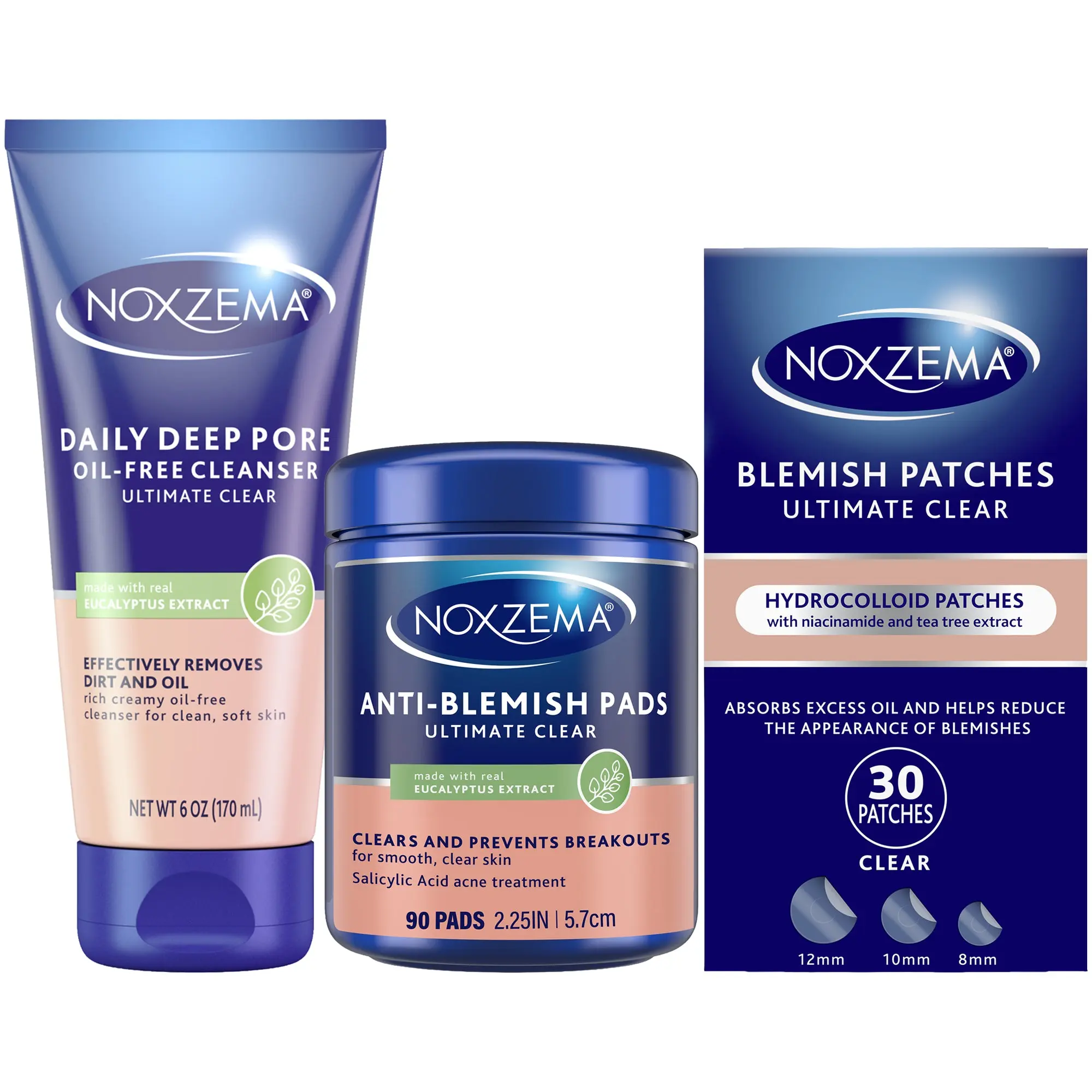 Noxzema Ultimate Clear Anti-Blemish Pads (90), Blemish Patches (30) + Daily Deep Pore Oil-Free Cleanser (6 Oz)