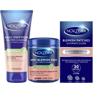Noxzema Ultimate Clear Anti-Blemish Pads (90), Blemish Patches (30) + Daily Deep Pore Oil-Free Cleanser (6 Oz)