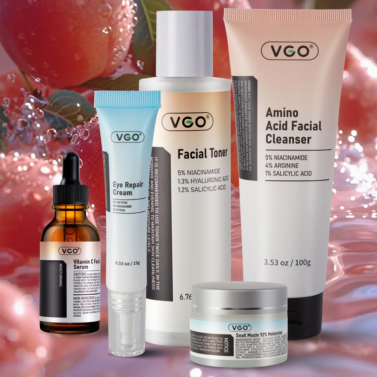 VGO 5-Piece Skincare Set, Hydrating Anti-Aging Routine with Vitamin C, Niacinamide & Hyaluronic Acid, Moisturizing Kit for Skin Repair, All Skin Types, Skin Care Sets, Cleansing,travel essentials