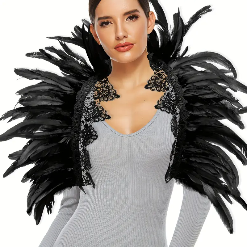 Women's Chic Solid Color Trendy Solid Artificial Feather Shawl Scarf - Polyester Blend, Lace Trim, Gothic Punk Style, Perfect for Halloween, Carnival Party Events, Solid Color Shawl, Trendy Solid Shawl