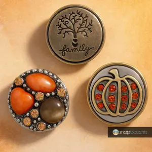 Snap Jewelry Bundle Set - 3 Brass Brown Snaps, 18MM Brass Family Autumn Pumpkin Ginger Charm Interchangeable Snap Buttons