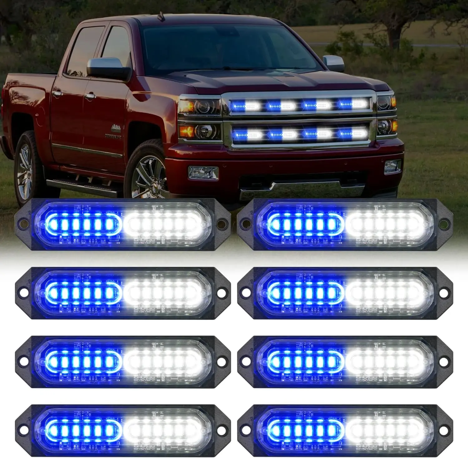 Nilight 8PCS 12LED Blue-White Ultra-Thin LED Light Bars - 12V-24V Surface Mount, Flashing Mode, Sync Feature, High Brightness, Mini Grille Design, LED Car Ambient Light for Cars, SUV Rear Mounting, Campers