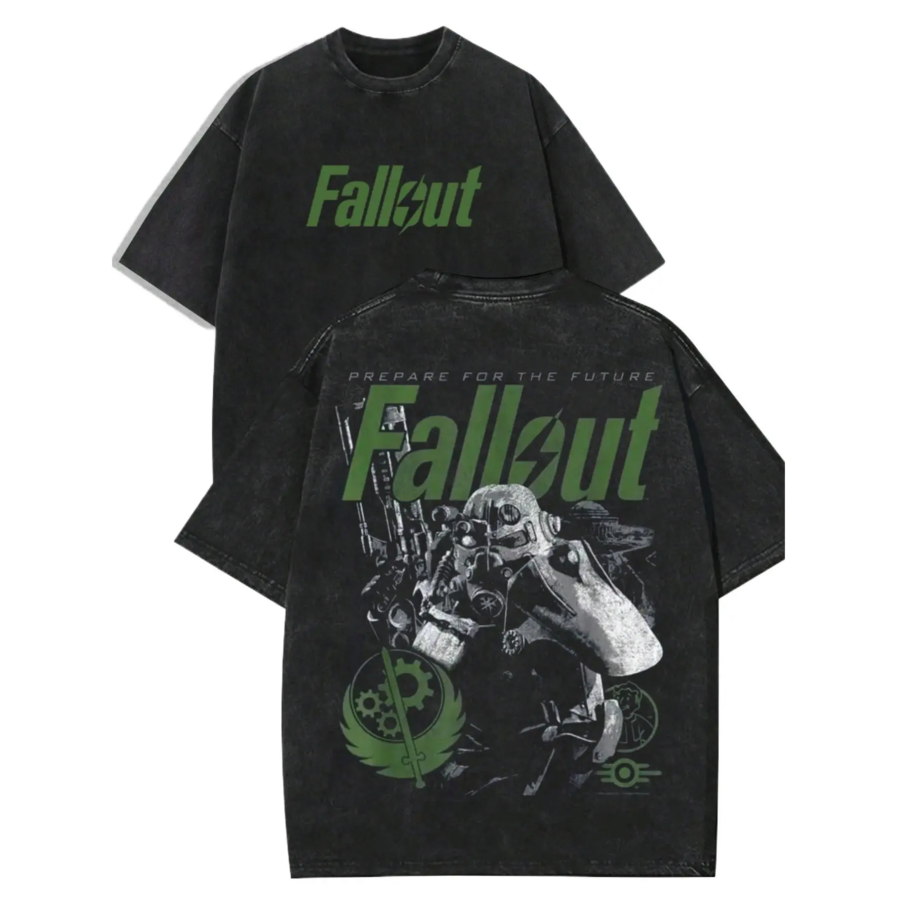Men's Vintage Washed Black Cotton Fallout Graphic Short-Sleeve T-Shirt - Menswear, Unisex Cut, Round Neck, Retro Distressed Brotherhood of Steel Power Armor Post-Apocalyptic Print, Retro Sci-Fi Vibe, Casual Streetwear Top for Daily Outdoor Wear